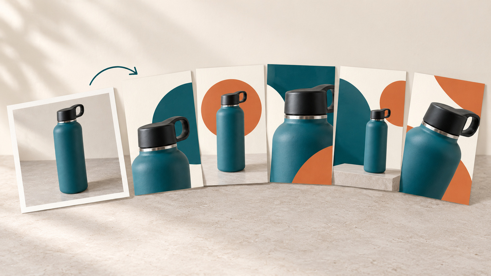 Ilustrasi AI satu foto botol teal di samping lima kartu desain yang memakai palet ivory, teal, dan jingga.