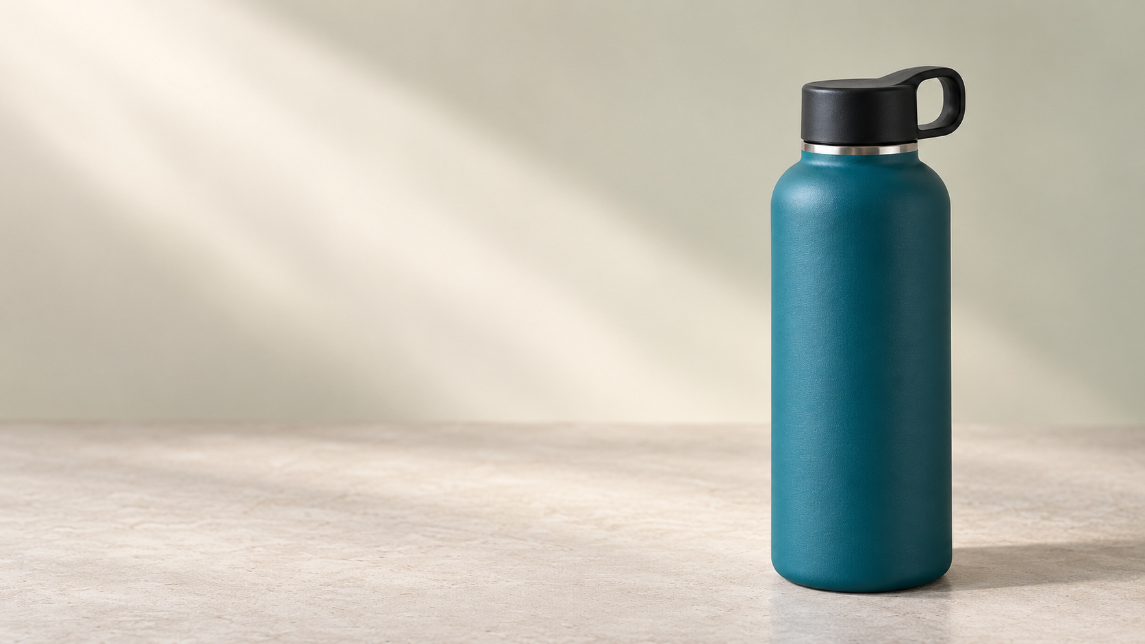Botol rekaan teal pada sepertiga kanan banner horizontal dengan ruang kosong luas di kiri.