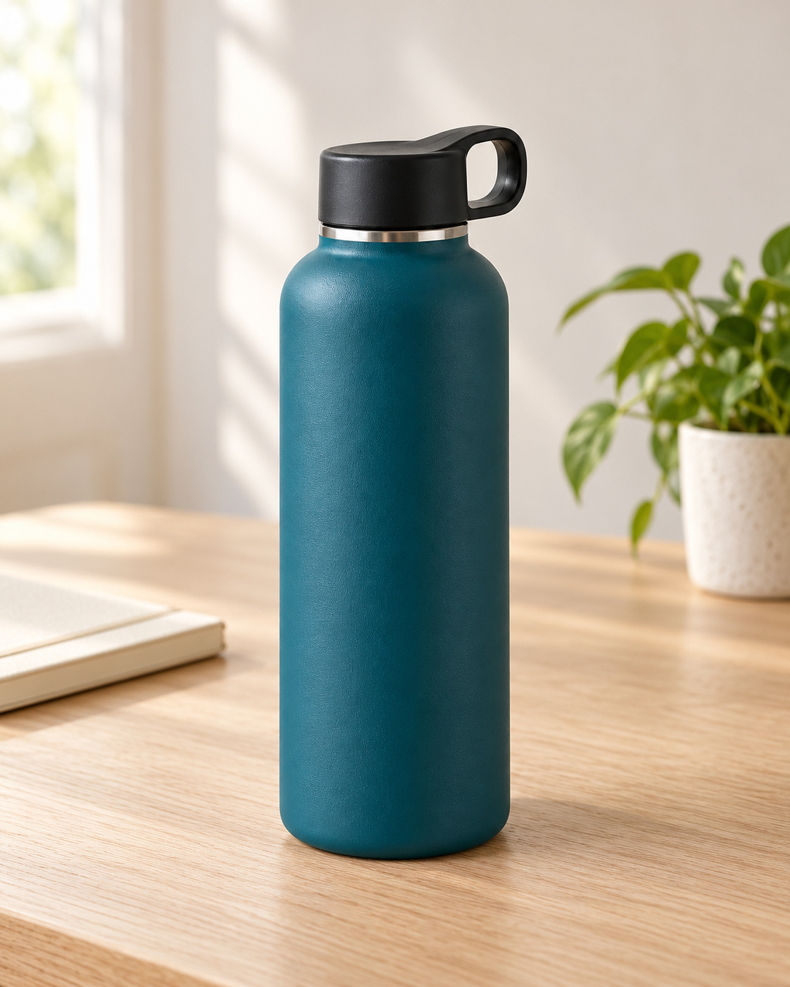 Botol rekaan teal di meja kayu dekat jendela, dengan buku catatan dan tanaman sebagai properti pendamping.