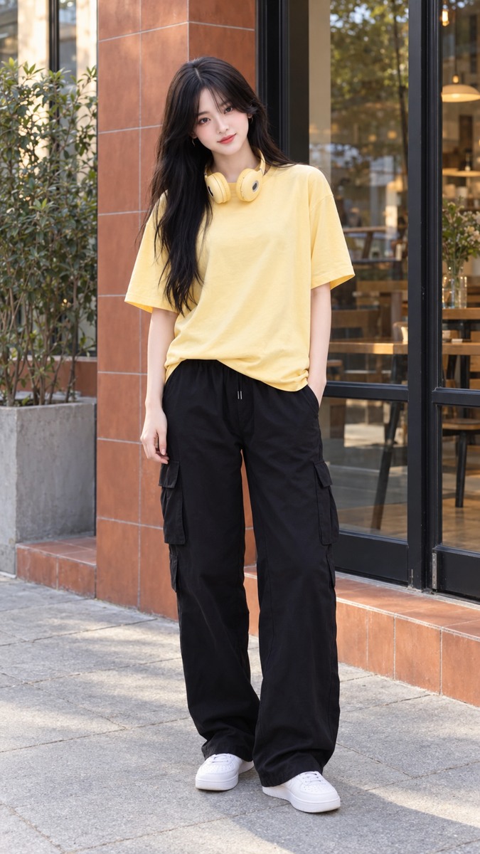 Foto awal model berambut hitam panjang, kaus kuning, headphone kuning, dan celana hitam di depan kafe.