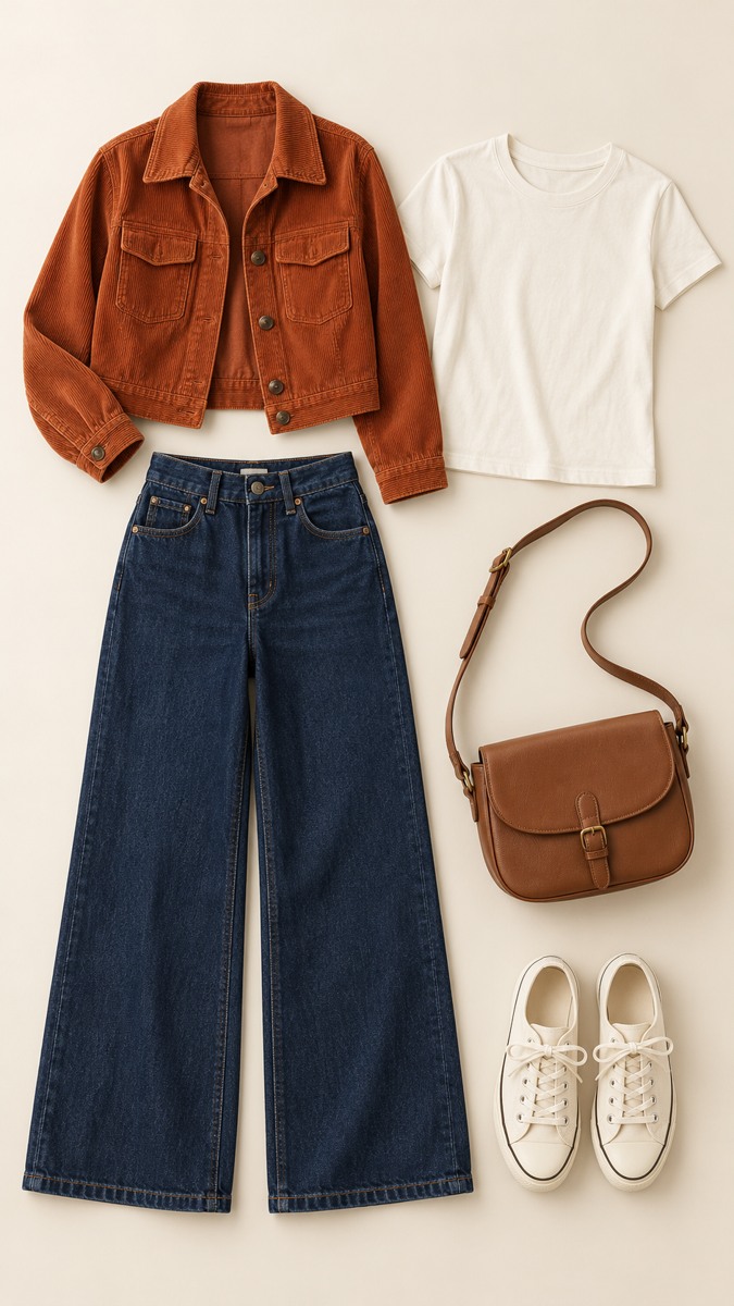 Flat lay jaket corduroy jingga, kaus ivory, jeans indigo, tas cokelat, dan sneakers krem.