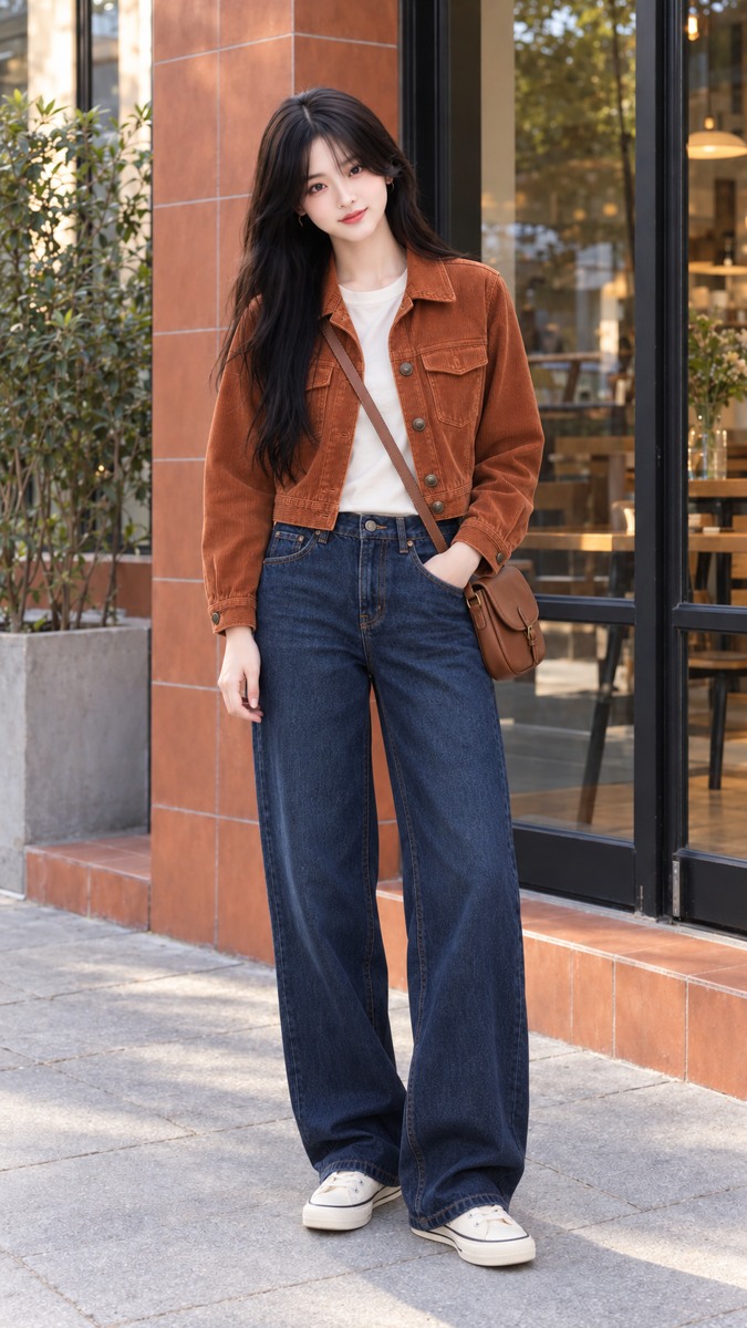 Model yang sama memakai jaket corduroy jingga, kaus ivory, jeans indigo dan tas cokelat di lokasi semula.