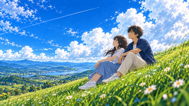 Ilustrasi anime pasangan terlihat dari samping, duduk rapat di lereng berbunga dan memandang langit; perempuan berbaju putih dan rok biru, laki-laki berkemeja navy dan celana krem. Komposisi horizontal.