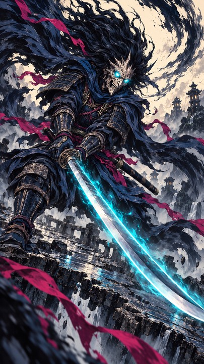 Ilustrasi samurai bertopeng tengkorak dan bermata sian dalam posisi rendah, memegang katana bercahaya di jembatan batu dengan lembah berkabut. Komposisi vertikal.