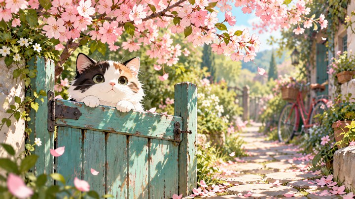 Anak kucing mengintip dari gerbang kayu di bawah bunga sakura. Komposisi horizontal.