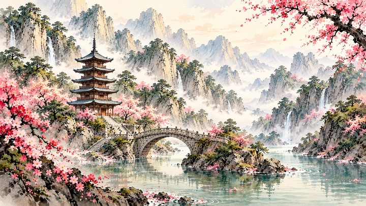 Lukisan cat air pagoda lima tingkat, jembatan batu melengkung dan sungai tenang di antara bunga merah muda, pinus serta pegunungan berkabut. Komposisi horizontal.