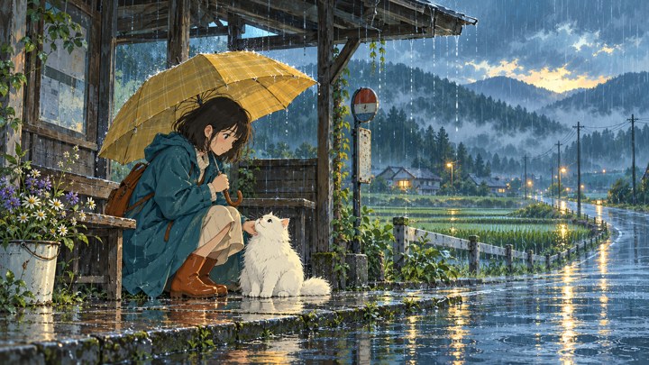 Di halte kecil, seorang perempuan berbagi tempat berteduh dengan kucing putih. Komposisi horizontal.