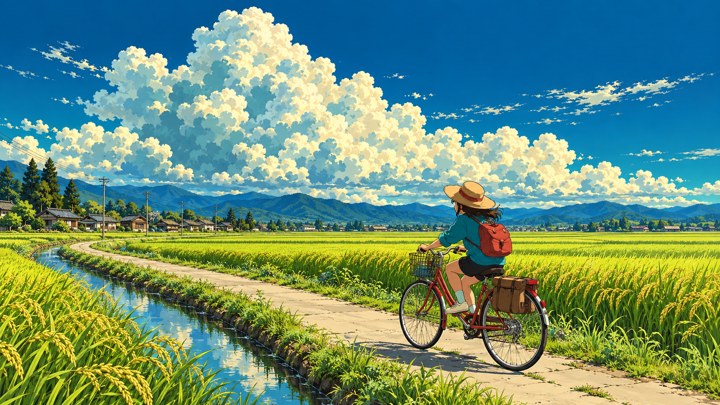 Pesepeda berbaju toska dan bertopi jerami mengayuh sepeda merah di jalan sawah, di samping saluran irigasi dan di bawah awan putih tinggi. Komposisi horizontal.