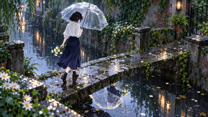 Perempuan berpayung bening membawa bunga aster di jembatan batu di atas kanal saat hujan. Komposisi horizontal.