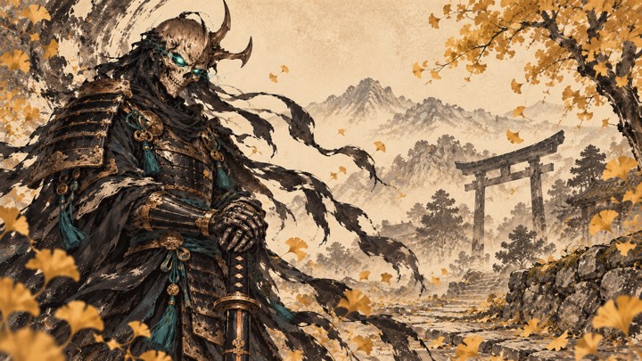 Ilustrasi penjaga samurai bertopeng tengkorak dan bermata giok, mengenakan zirah hitam di antara daun ginkgo dengan gerbang torii di belakangnya. Komposisi horizontal.