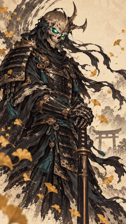 Ilustrasi penjaga samurai bertopeng tengkorak dan bermata giok, mengenakan zirah hitam di antara daun ginkgo dengan gerbang torii di belakangnya. Komposisi vertikal.