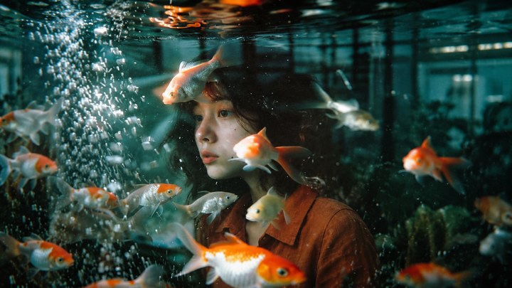 Potret olahan AI: Kemeja linen rust dan wajah tampak samping muncul di balik kaca akuarium dengan ikan jingga-putih serta gelembung. Komposisi horizontal.