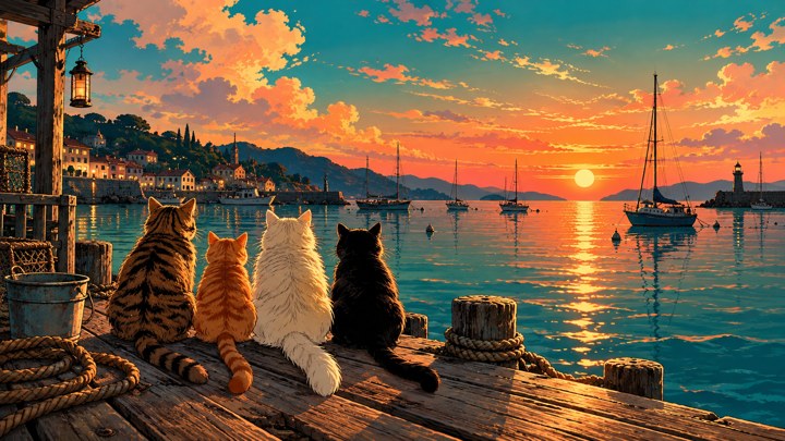 Empat kucing duduk berdampingan di dermaga menjelang matahari terbenam. Komposisi horizontal.