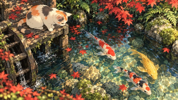 Kucing belang tiga memperhatikan ikan koi dari pijakan kayu di tepian kolam. Komposisi horizontal.