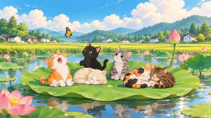 Enam kucing kecil beristirahat di atas daun teratai raksasa. Komposisi horizontal.