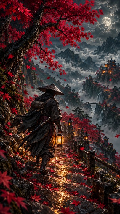 Ronin bertopi anyaman membawa lentera di tangga batu basah, dengan maple merah, bulan di balik awan serta kuil di pegunungan berkabut. Komposisi vertikal.