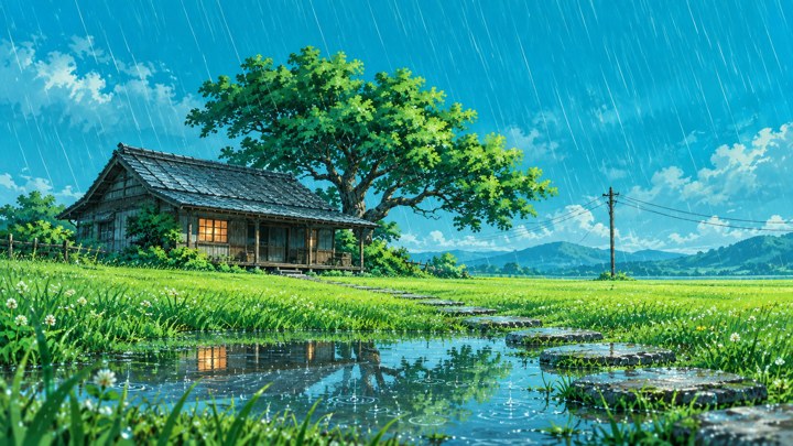 Rumah kayu berjendela hangat dan pohon besar di padang hijau saat hujan, dengan batu pijakan melintasi genangan yang memantulkan rumah. Komposisi horizontal.