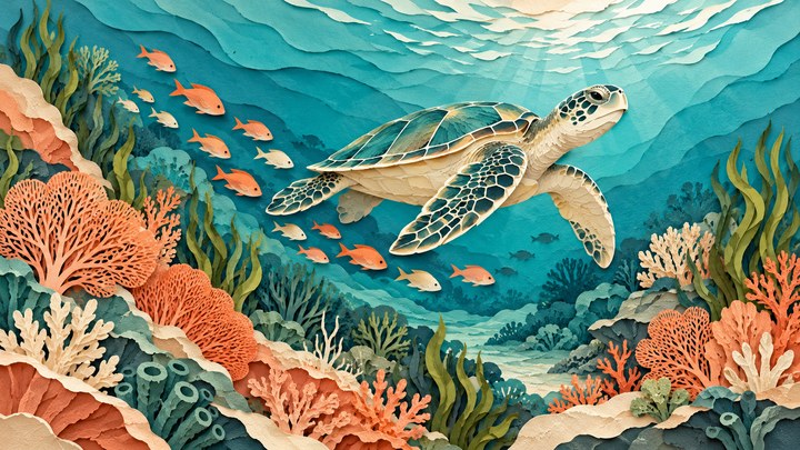 Ilustrasi berlapis kertas seekor penyu di antara ikan kecil dan terumbu koral dalam air turkuois. Komposisi horizontal.