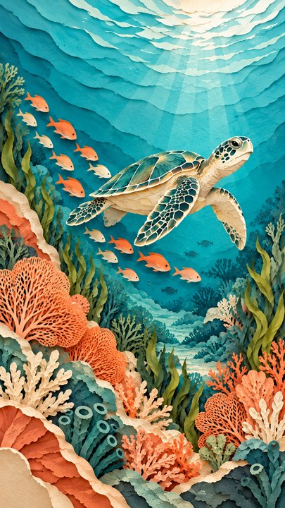 Ilustrasi berlapis kertas seekor penyu di antara ikan kecil dan terumbu koral dalam air turkuois. Komposisi vertikal.