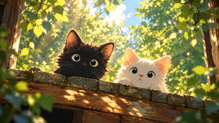 Anak kucing hitam dan putih mengintip di atas ambang batu dan kayu, dengan dedaunan hijau serta cahaya sore di belakangnya. Komposisi horizontal.