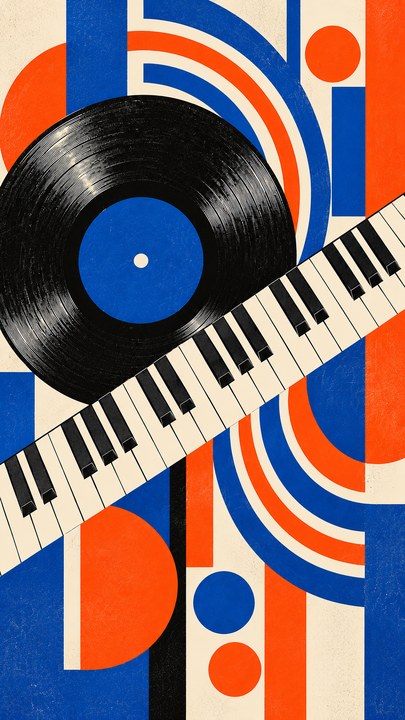 Kolase geometris piringan hitam dan tuts piano, dengan lingkaran serta bidang biru, jingga, hitam, dan putih. Komposisi vertikal.