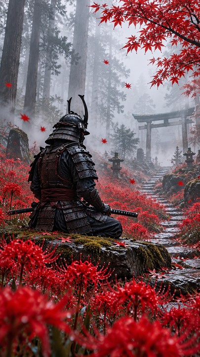 Samurai berzirah hitam berlutut dari sudut belakang, dengan katana bersarung di pangkuan, bunga merah dan jalan batu menuju torii berkabut. Komposisi vertikal.