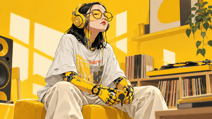Perempuan cyborg berkacamata dan headphone kuning memegang pemutar musik di ruangan dengan rak vinyl. Komposisi horizontal.